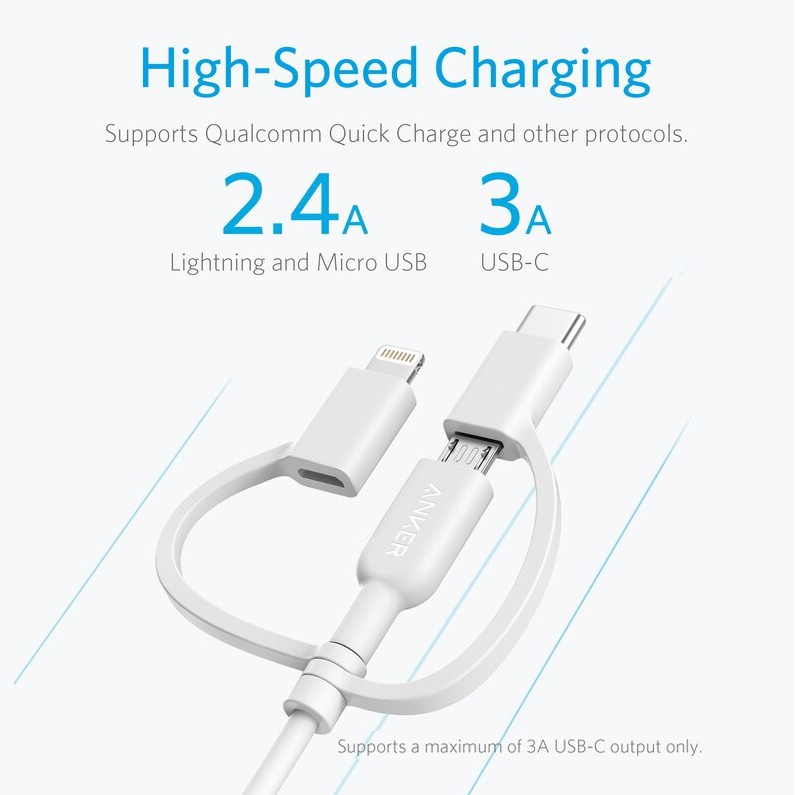 Cáp 3in1 Anker A8436 Powerline II 0.9M (Lightning - Type C - Micro USB)- BH 18 tháng