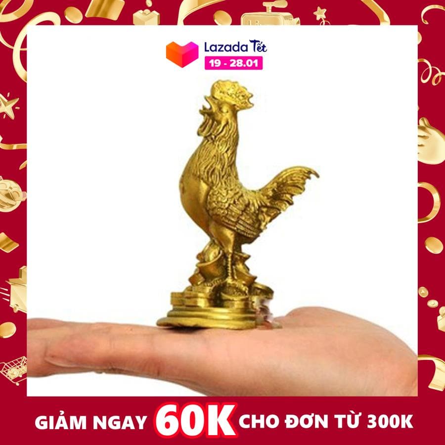 Tượng Gà Trống đồng - Chất liệu đồng thau cao 11cm nặng 200g + Tặng xâu tiền lục đế (linh vật phong thuỷ cấm tiệt thói trăng hoa)