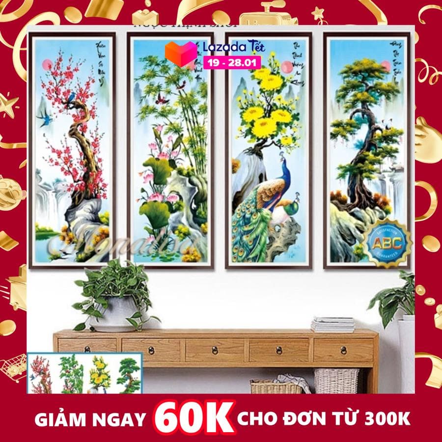 Tranh đính đá tứ quý bốn mùa xuân hạ thu đông Y8196-136x90cm. ~~Bộ tranh tranh đính đá gồm: Vải thiên nhiên in màu. Sản xuất với công nghệ Nano, không độc hại, độ dính cao, không rớt đá.