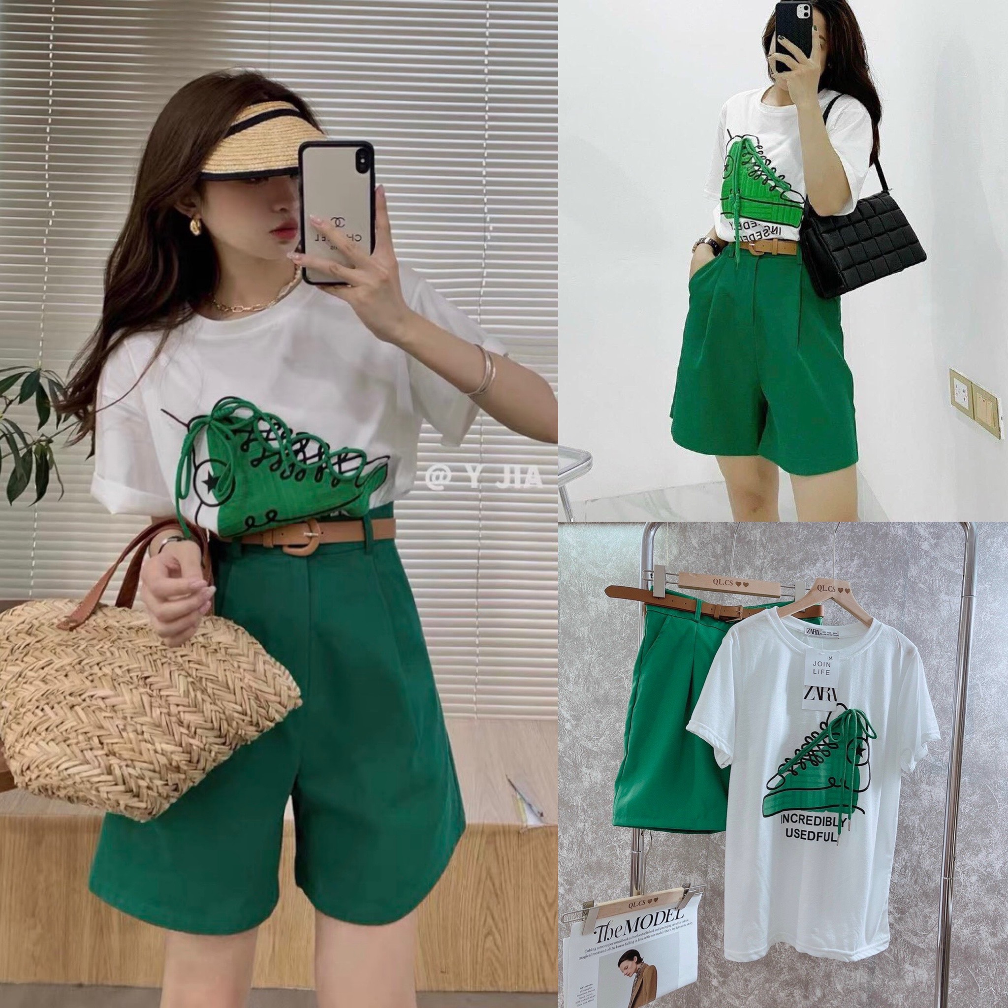 Set Bộ Đồ Nữ Áo Thun Giày + Nịt + Quần Lửng Xanh [ Kèm Video ]