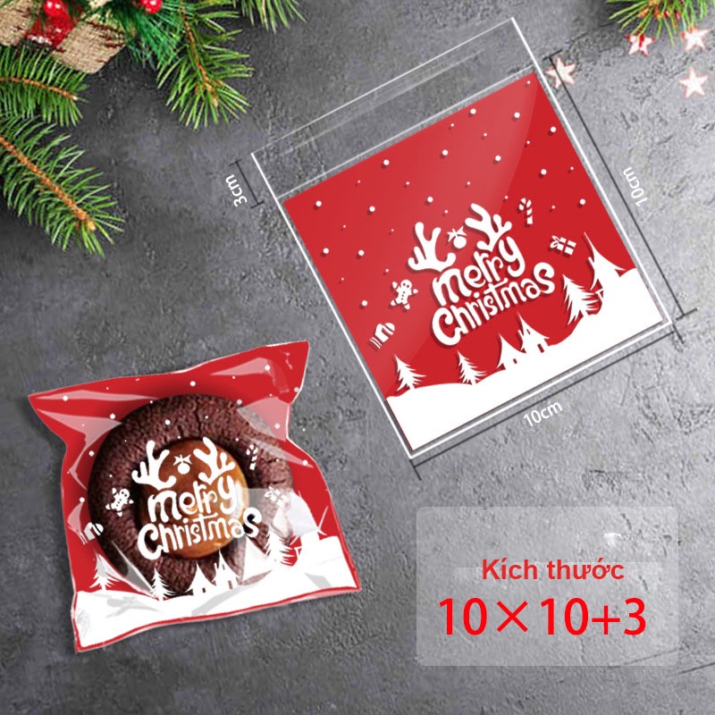 100 Túi Đựng Bánh Kẹo, Bao Bì Hoạ Tiết Dán Miệng Kích Thước 10x10+3 cm, Chủ Đề Noel Giáng Sinh