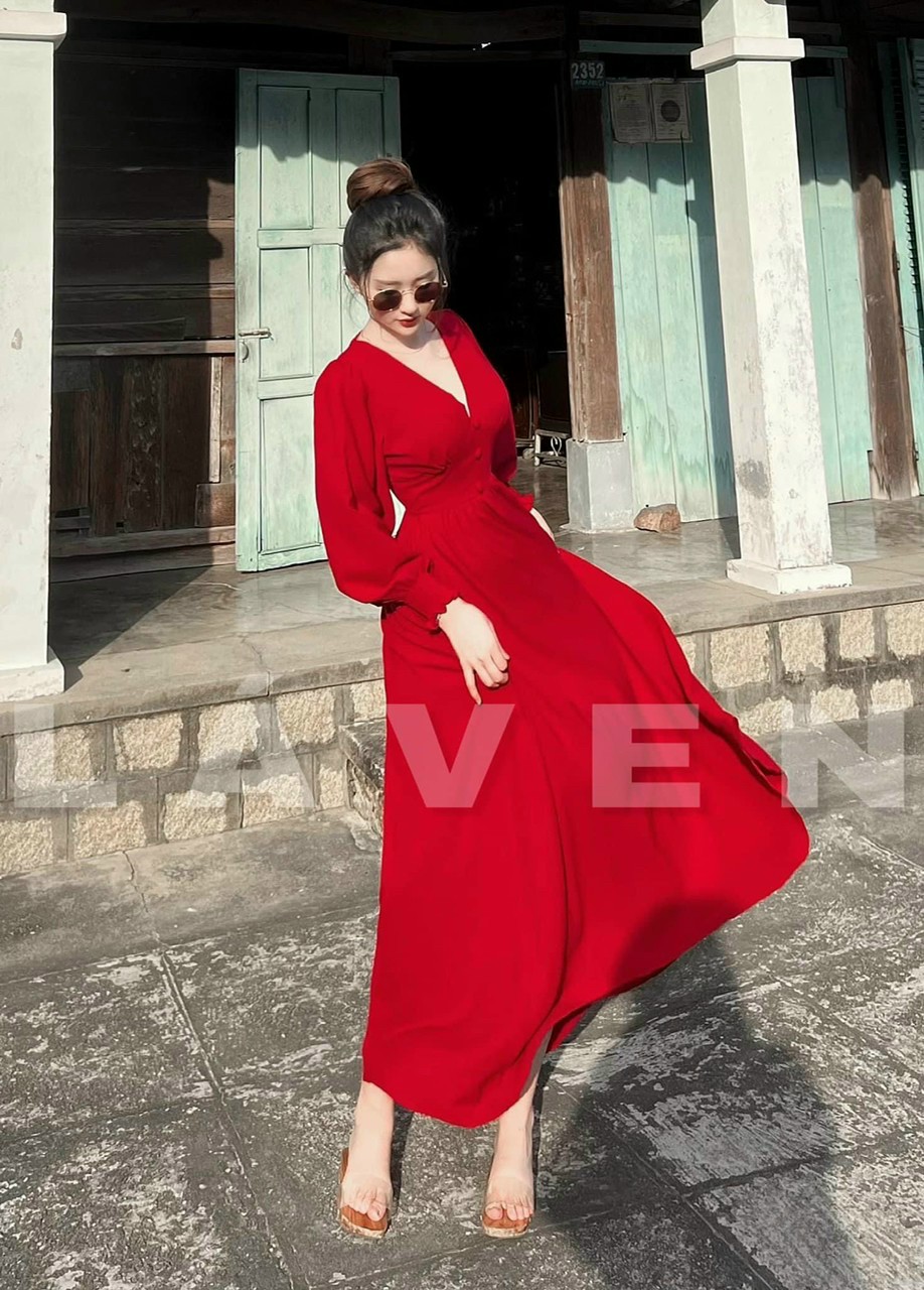 đầm maxi voan tay dài nút bọc có mút cao cấp