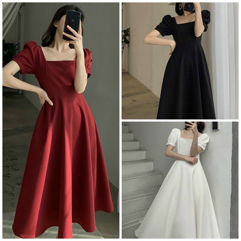 Đầm cổ vuông tay ngắn 3 màu