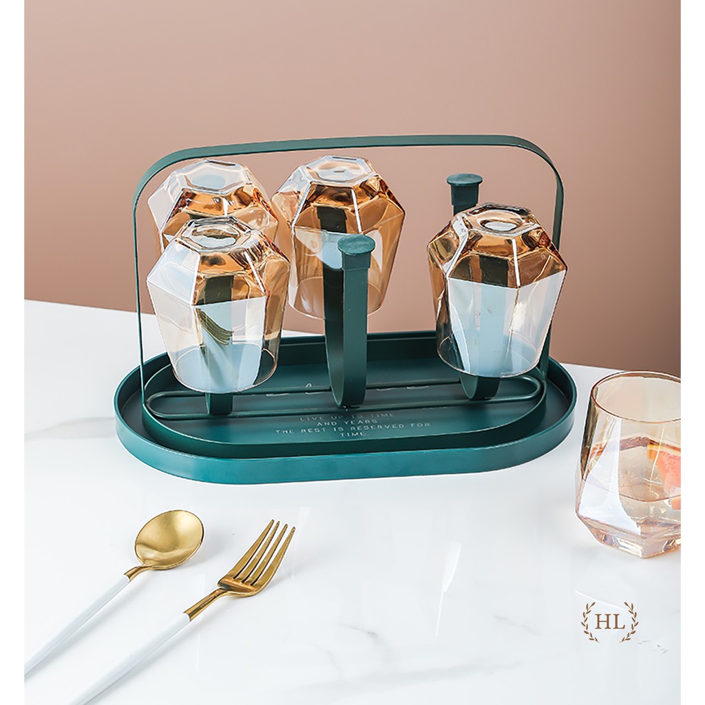 Úp cốc có khay hứng decor | giá úp ly cốc sơn tĩnh điện kèm khay hứng nước bầu dục home luxury decor phong cách retro