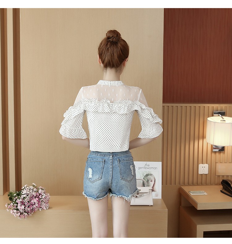 Sơ mi chấm bi cổ nơ phối lưới - SM050