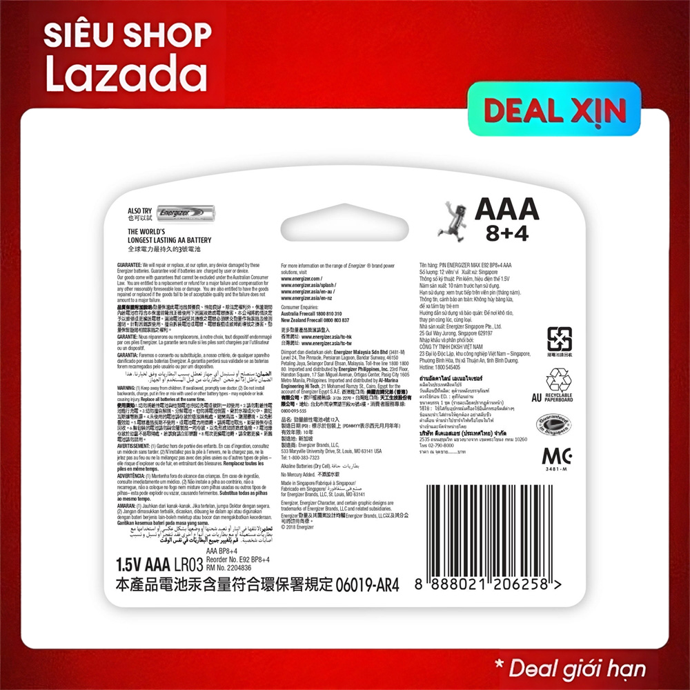 Combo 12 pin đũa AAA Energizer Alkaline chống chảy E92 - 8 tặng kèm 4