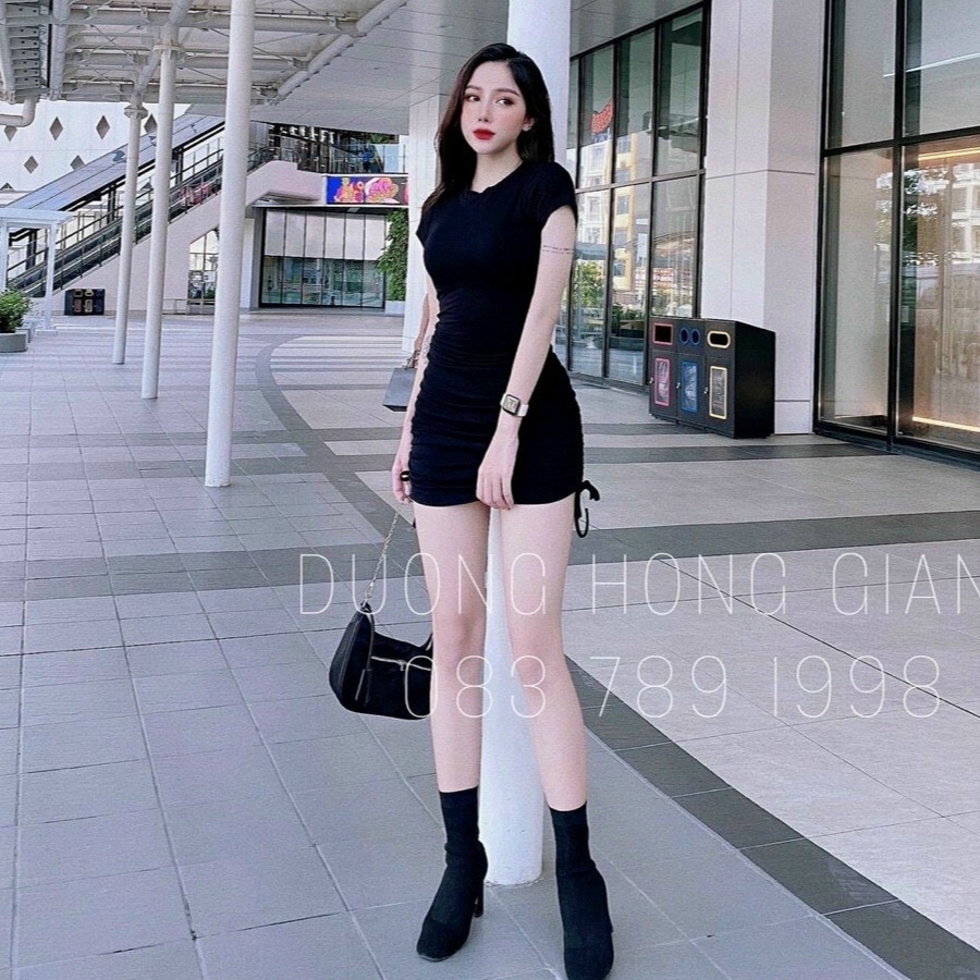 Váy đầm nữ body cổ tròn nhúm hông cột nơ