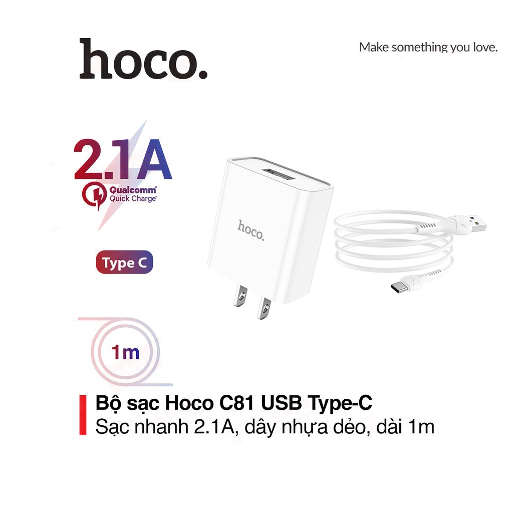 Bộ sạc nhanh 2.1a hoco c81 chuôi dẹt kèm dây sạc type-c dài 1m cho android