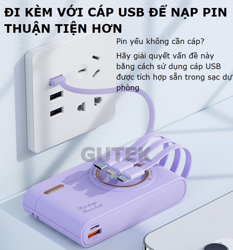 Sạc dự phòng 10000mAh 20000mAh Gutek YM741 dung lượng pin lớn tích hợp dây sạc nhanh cho nhiều thiết bị điện thoại