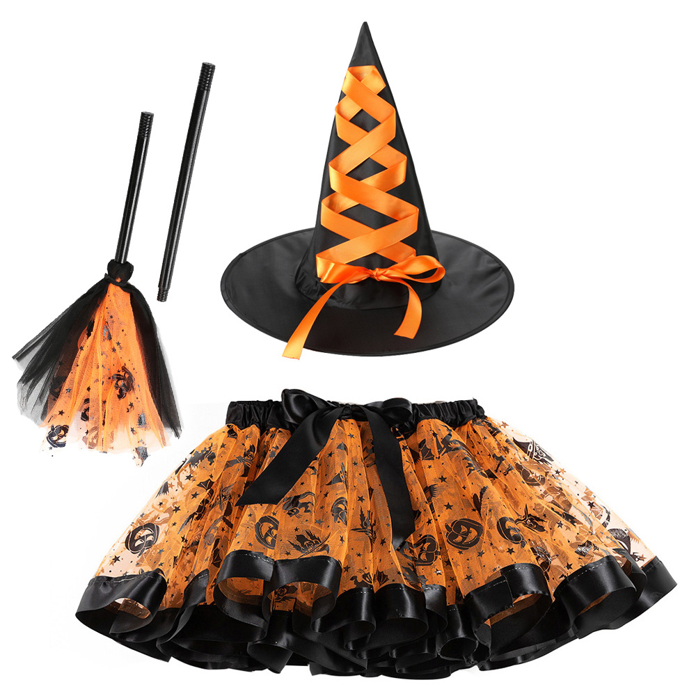 Set đồ hóa trang Halloween cho bé gái gồm chân váy xòe tutu, nón phù thủy và chổi bay siêu đáng yêu size S M L