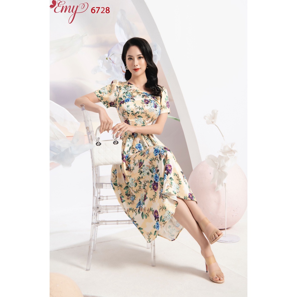 Đầm EMY EM6728 Xòe Midi Cổ V Bèo