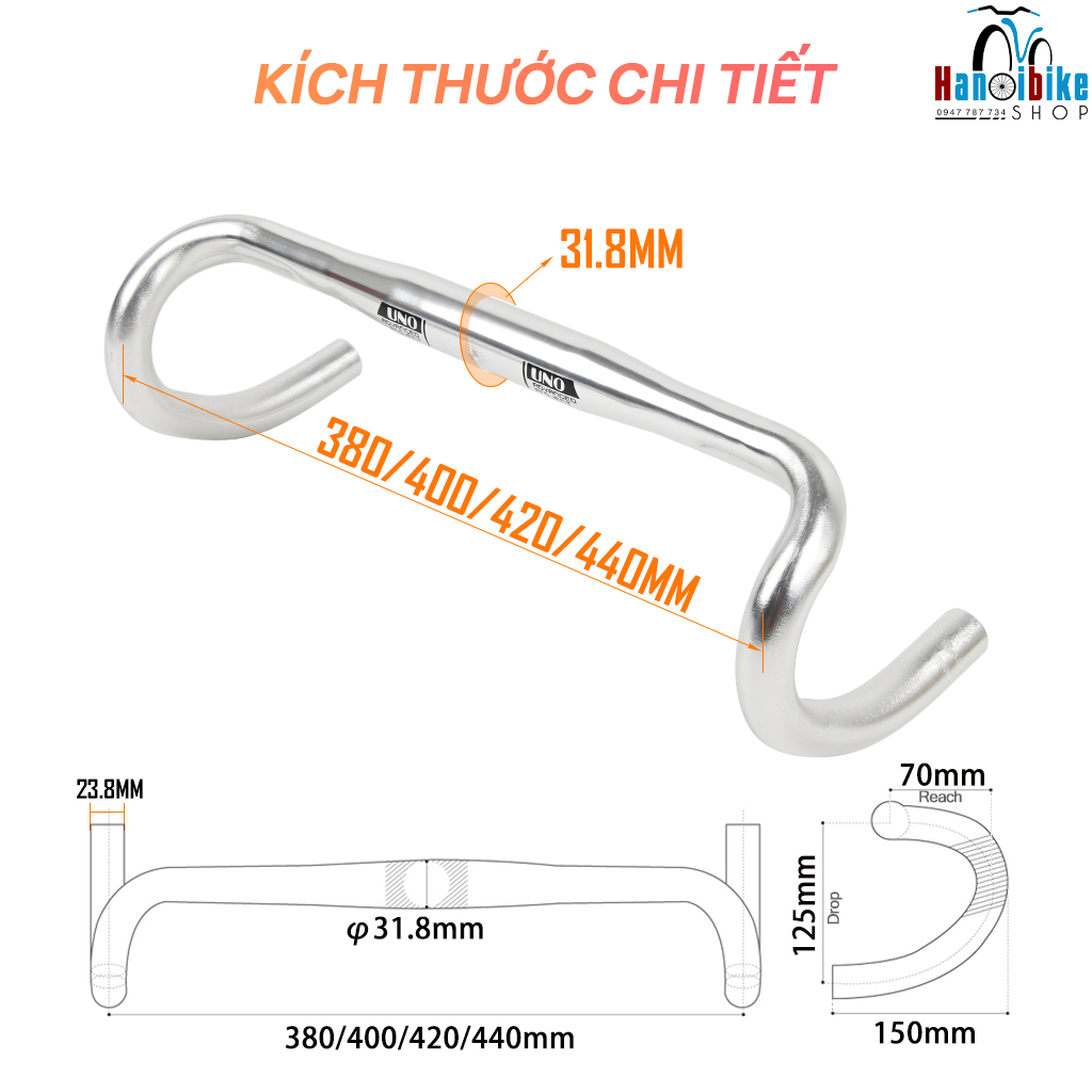 Ghi đông cong UNO HB CR12 cho xe đạp Road, Fixed Gear