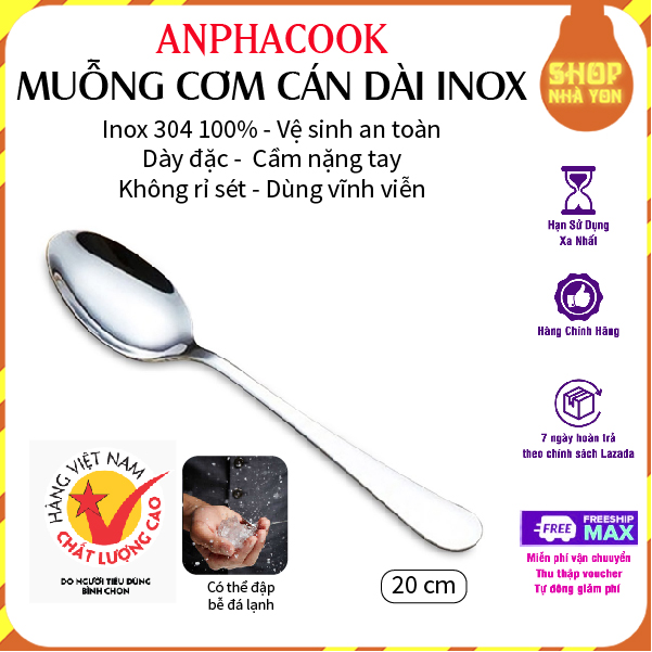 Muỗng cơm súp cán dài inox 304 cao cấp anphacook 4x20 cm, dày dặn, chắc chắn, dùng vĩnh viễn