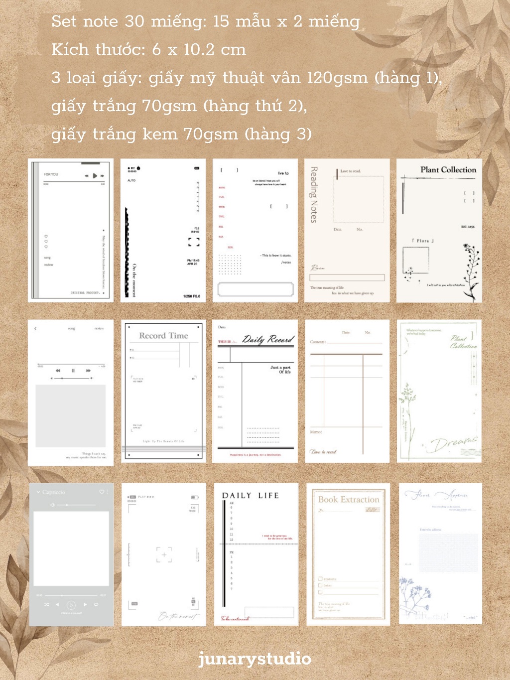 Junarystudio - Set 30 miếng giấy note giấy nền đơn giản trang trí sổ tay bullet journal