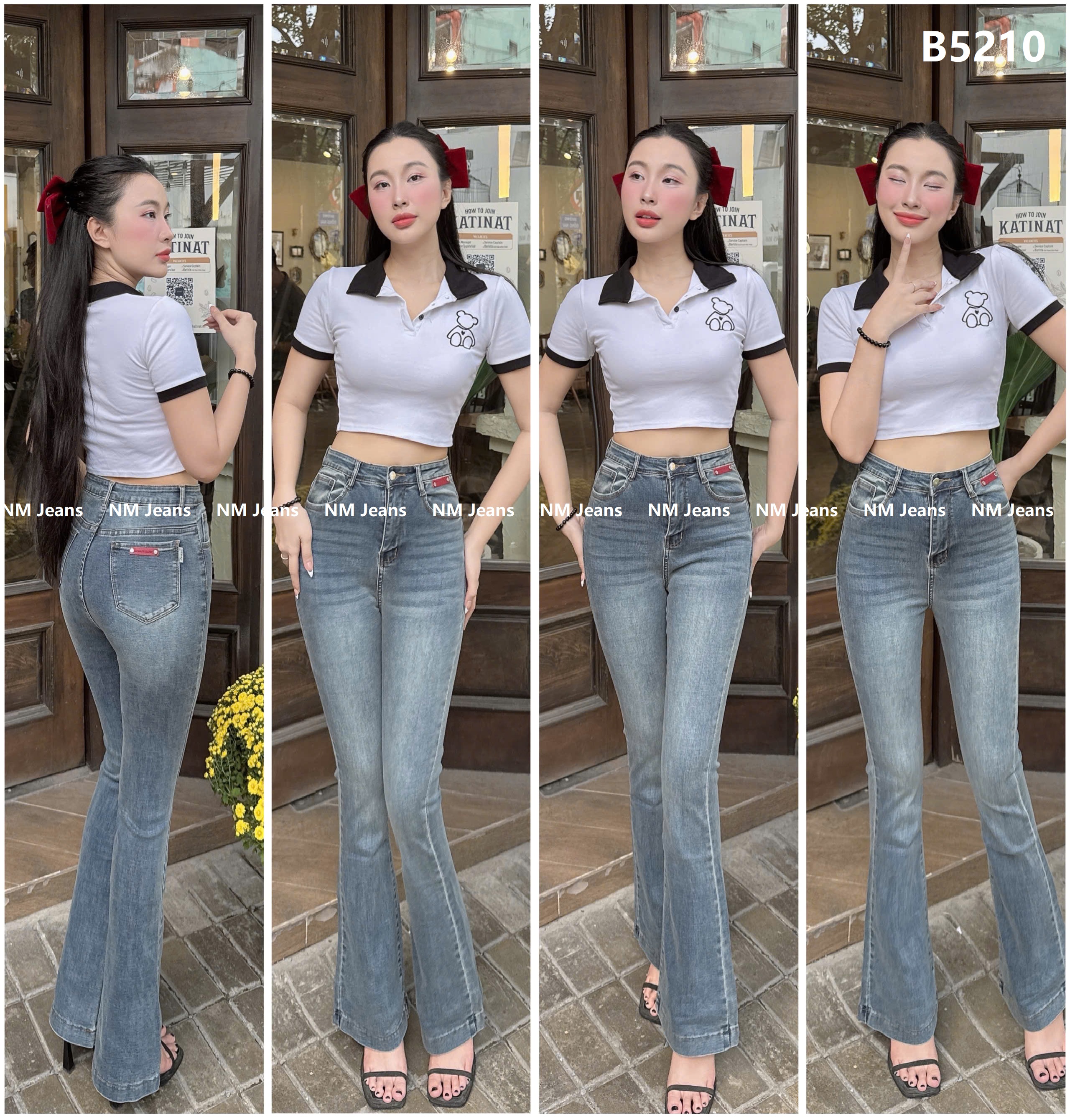 sale Quần jean nữ loe lưng cao 1 nut đính mạc da túi nâu đỏ chất co giãn 100-103cm
