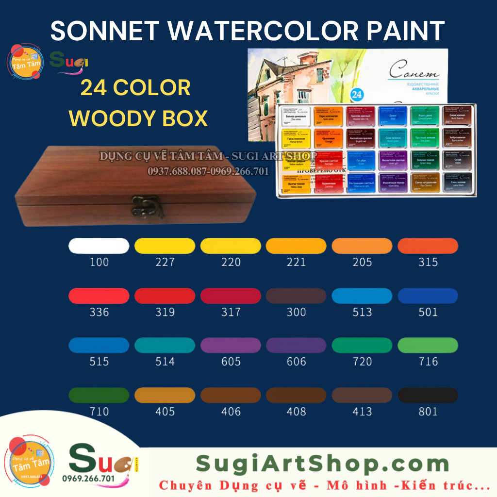 Màu nước sonnet 24 màu và hộp gỗ