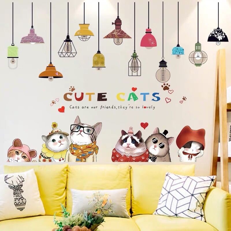 decal dán tường mèo cute và đèn hope