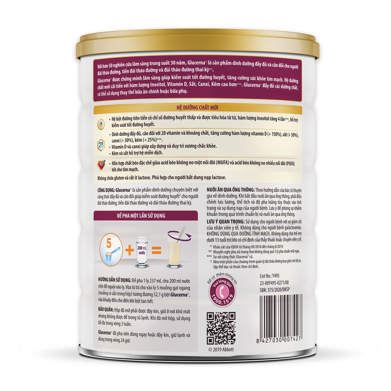 Lon Sữa Bột Abbott Glucerna Cho Bệnh Nhân Tiểu Đường 850G