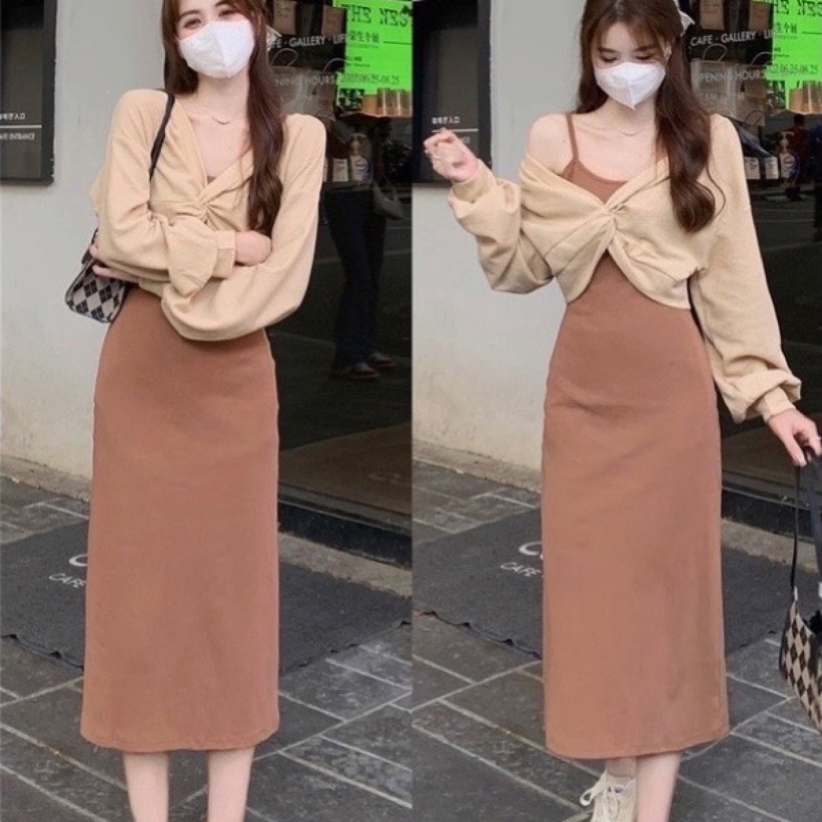Sét áo khoác dài phối đầm 2 dây body