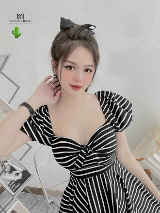 Váy đầm sọc dáng xòe trễ vai