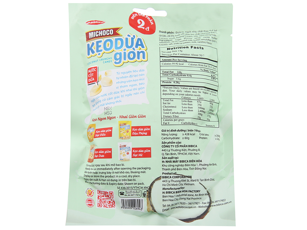 Combo 3 Kẹo Michoco Dừa Giòn Nước Cốt Dừa Bibica 100g