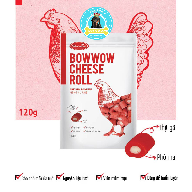 SNACK PHÔ MAI CUỘN THỊT GÀ CHEESE ROLL BOWWOW (TÚI ZIP 120GR)