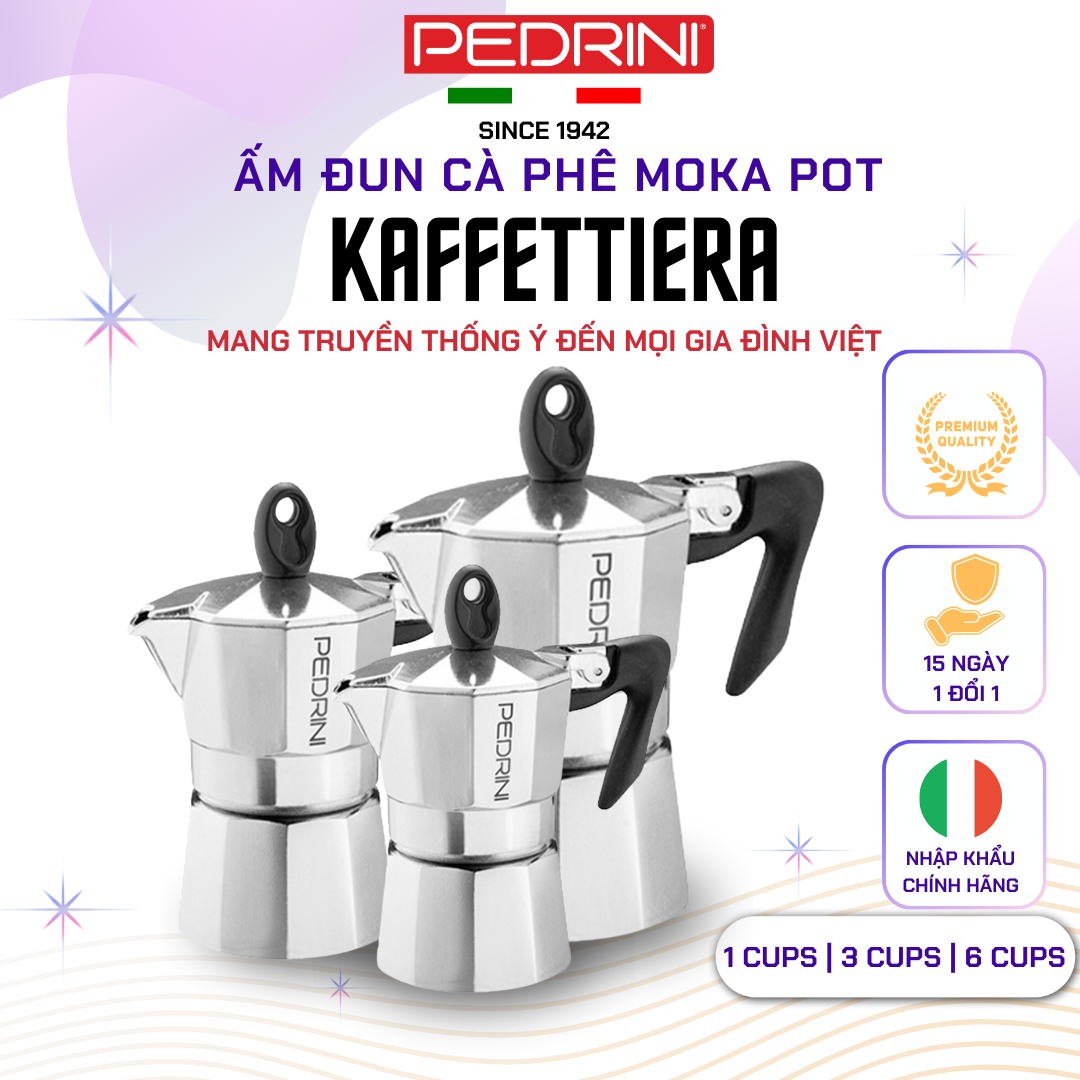 Ấm Pha Cà Phê Kiểu Ý Moka Pot PEDRINI Kaffettiera Bằng Nhôm Nhập Khẩu Chính Hãng - Loại 1,2,3, 6 Cups - Màu Đen