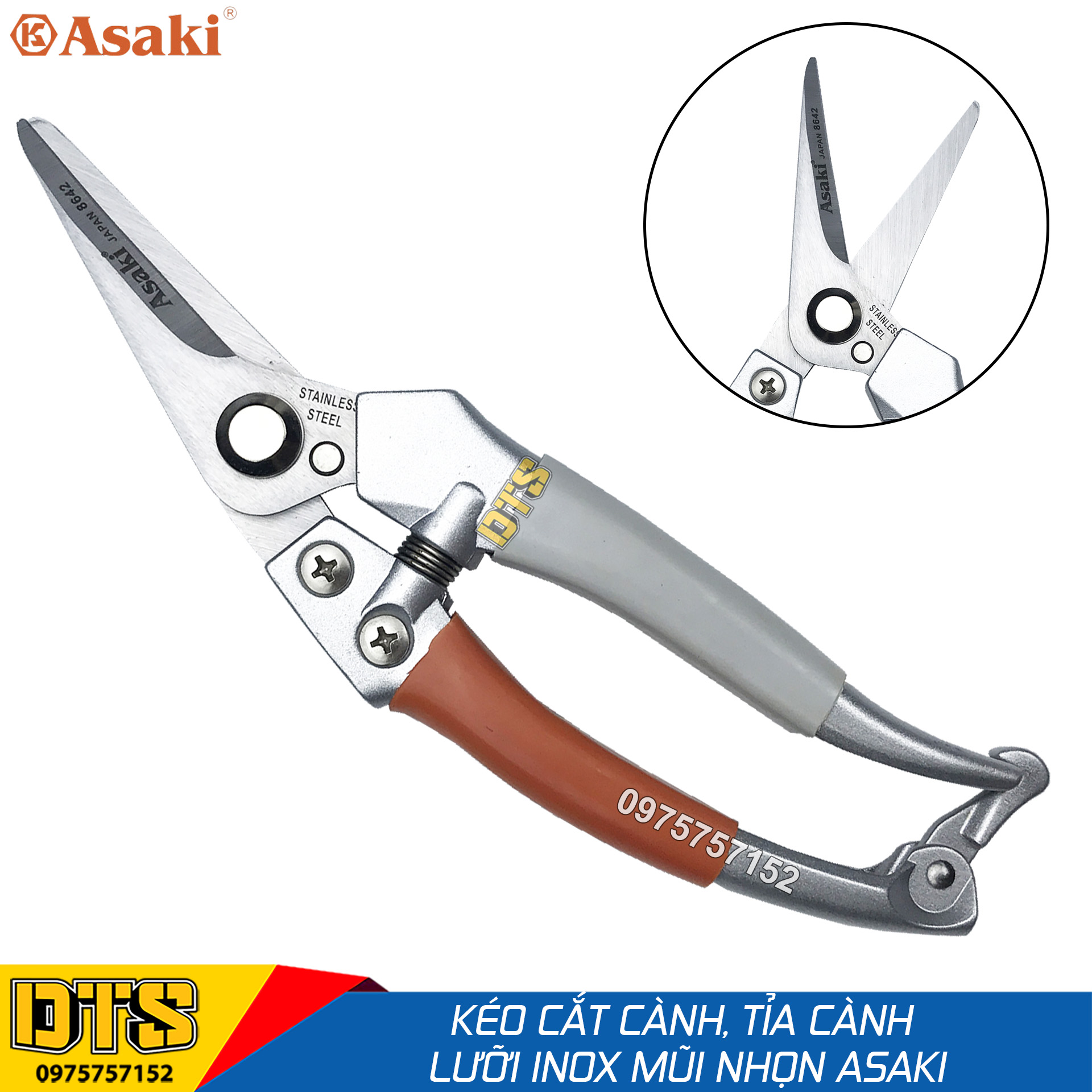 Kéo tỉa cành lưỡi inox tolsen, asaki ak-8642 8 inch/ 200mm - kéo cắt cành thép nhật mũi nhọn