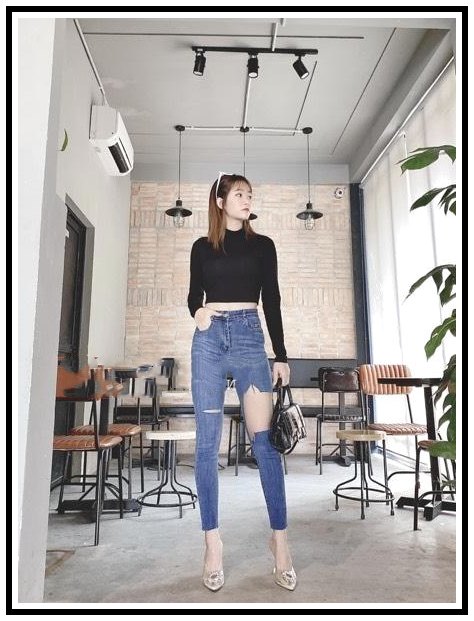 Quần jean nữ lưng cao RÁCH 2 BÊN TO NHỎ XÉ tua lai siêu tôn giáng chất jean giãn O21