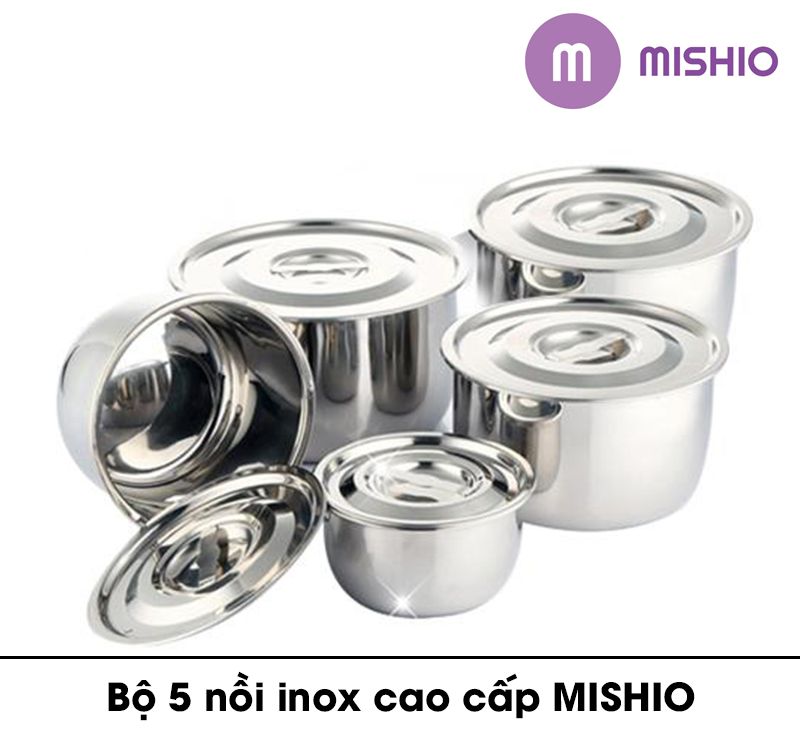 Bộ 5 nồi inox đáy từ mishio 5 size là 0.9 lít - 1,8 lít - 3,5 lít - 6 lít - 10 lít, có thể nấu được trên bếp từ