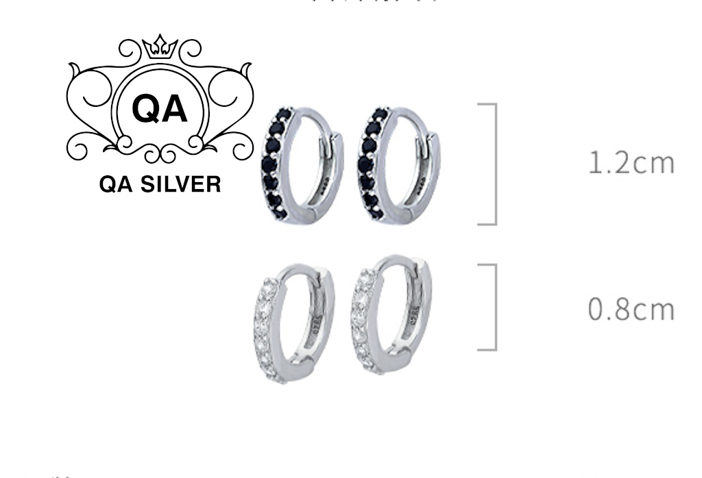 Khuyên tai bạc 925 tròn khảm đá bông tai hoop nam nữ đen trắng S925  HOOP QA Silver Earrings EA191001