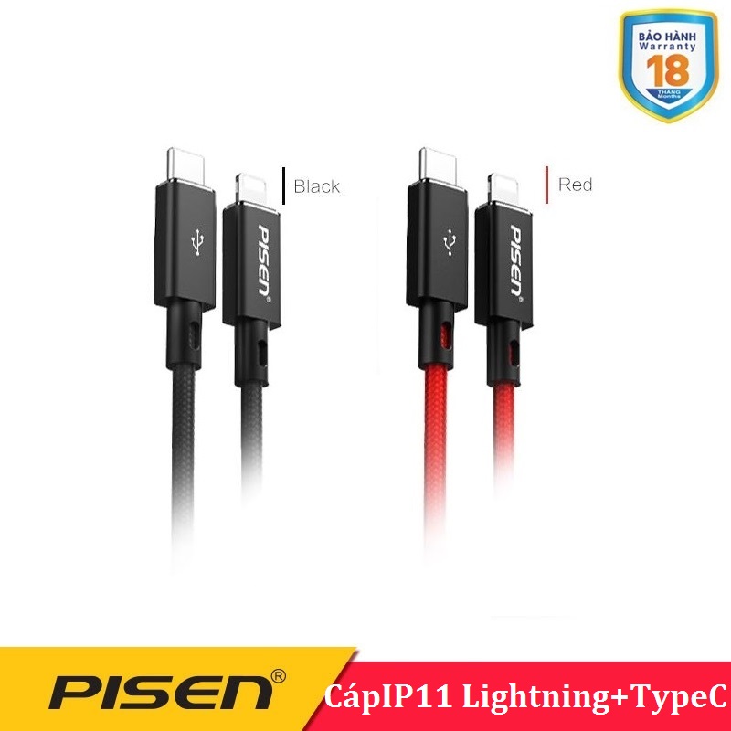 Bộ sạc cáp Pisen 18W - Cho Iphone 11 QC3.0 ( Sạc 18W + Cáp dây dù 3A Lightning&Type-C)