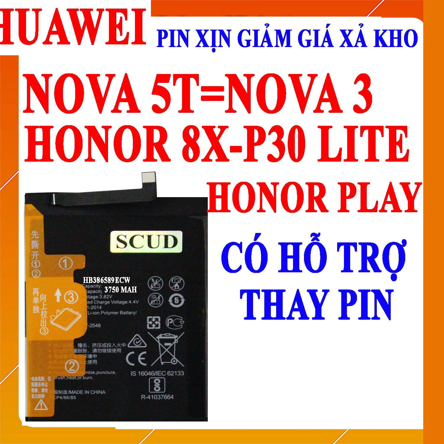 Pin scud cho huawei honor 8x, huawei nova 3, huawei nova 5t, huawei p30 lite, huawei honor play hb386589ecw dung lượng 3750mah