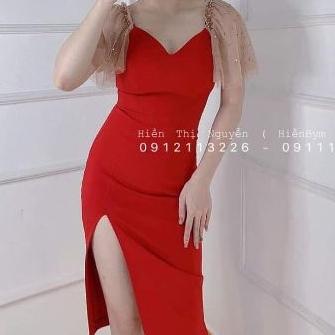 đầm body xẻ đùi tay phối lưới kết ngọc