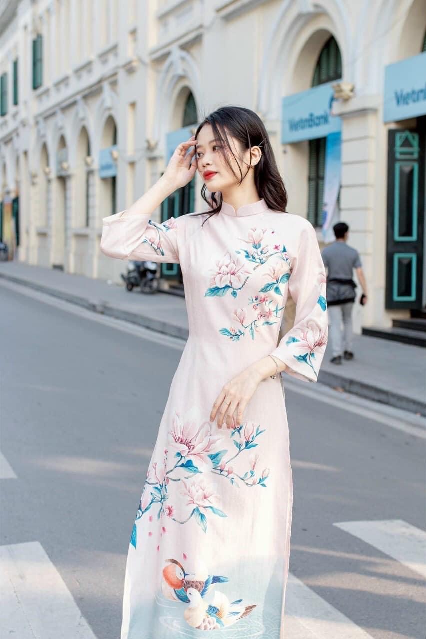 Áo dài cách tân lụa gấm mã h5- hồng nhạt