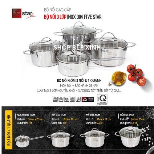 BỘ NỒI QUÁNH INOX 304 FIVESTAR 4 CHIẾC 3 LỚP ĐÁY LIỀN NẮP KÍNH