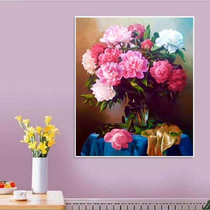 Tranh đính đá Bình hoa khoe sắc LV396 50*60CM (TRANH TỰ ĐÍNH)