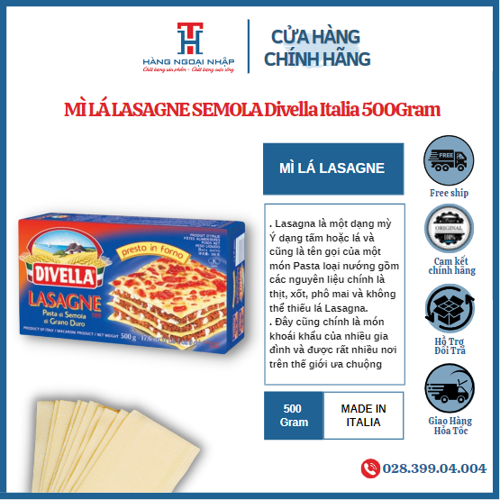 [HCM]MÌ LÁ LASAGNE SEMOLA 09 Divella Ý 500g