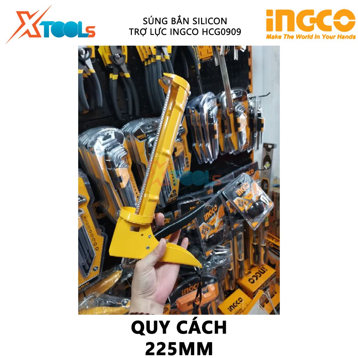 Súng bơm keo silicon có trợ lực INGCO HCG0909 | dụng cụ bơm silicon Kích thước 9" (225mm) Thân nhôm hợp kim XTOOLs