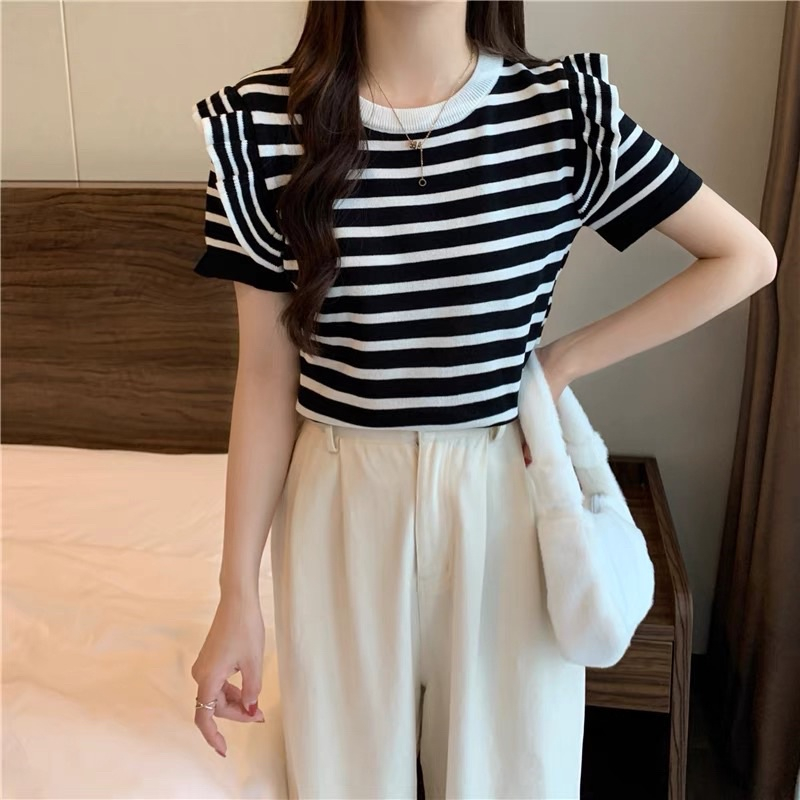 Áo Len Dệt Kim Nữ Tay Bèo - Áo Thun Nữ Cộc Tay Cổ Tròn Phối Kẻ Màu Thời Trang - LCXA160
