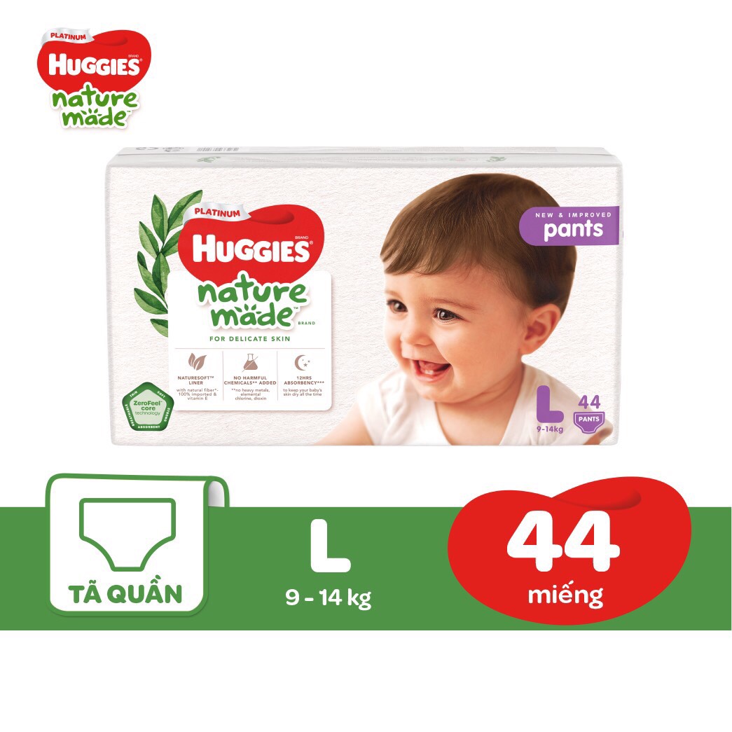 Tã Quần Huggies Platinum Nature Made Size L 44 Miếng (9 – 14 kg)