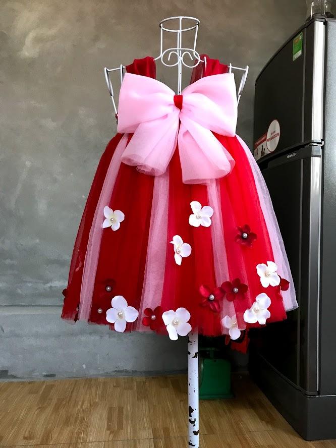 Váy tutu đỏ phối hồng phấn nhạt nơ hồng phấn