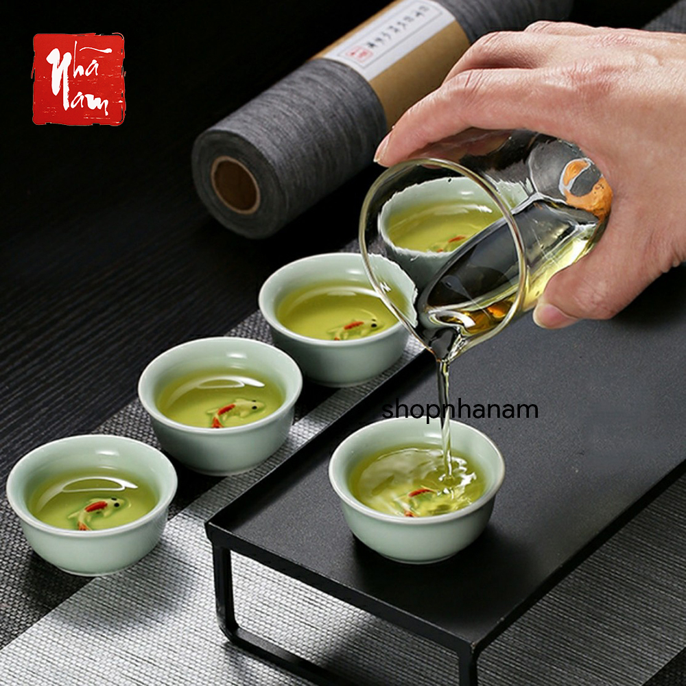 Chén gốm sứ cá chép 3d men ngọc