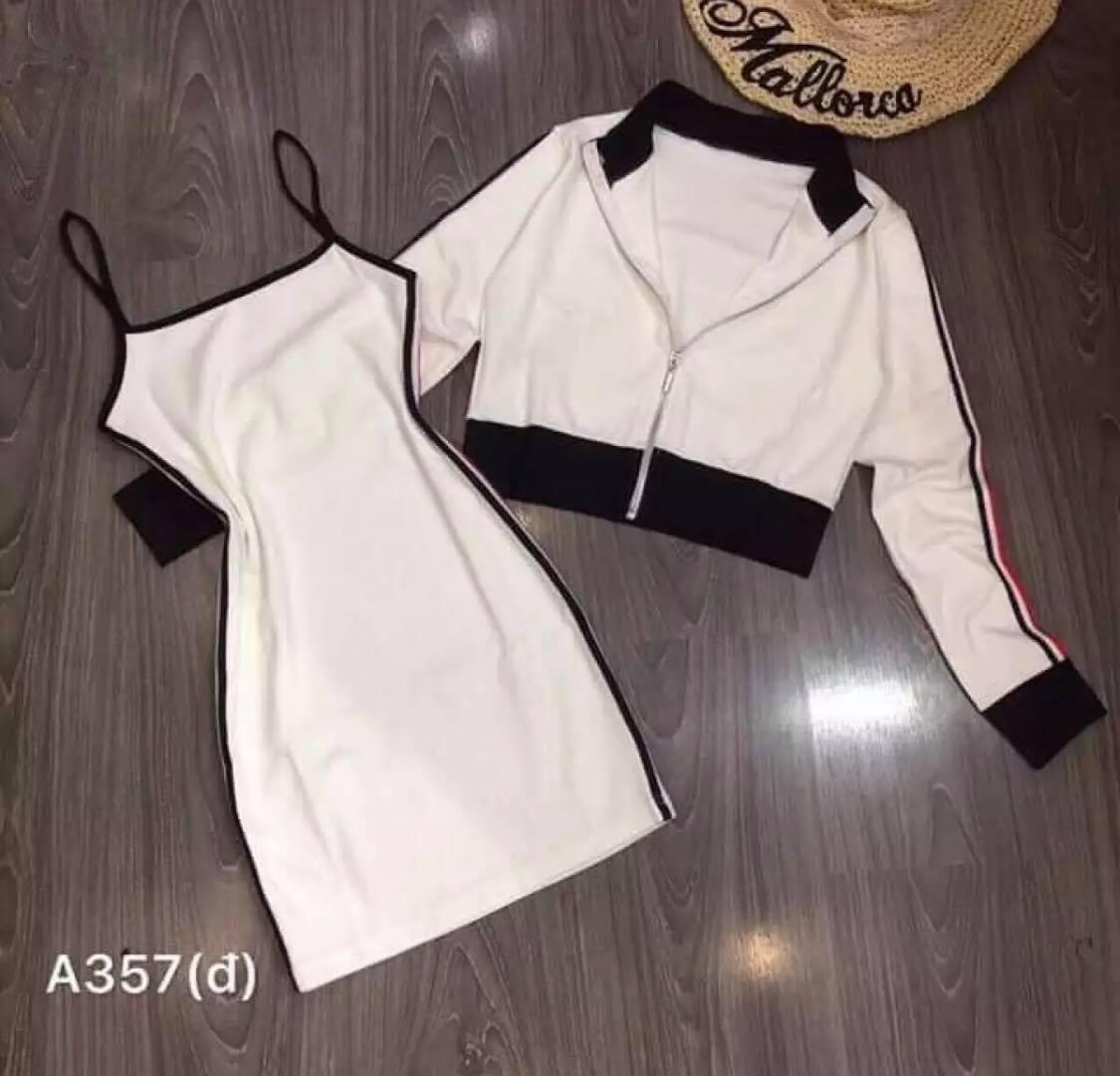 Set áo khoác và đầm body 2 dây hình thật