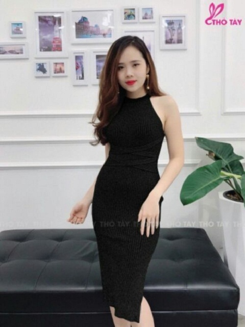 Váy Body đầm body váy dự tiệc Cổ Yếm Đan Dây Xẻ Đùi chất thun gân tôn dáng sexy -  chens