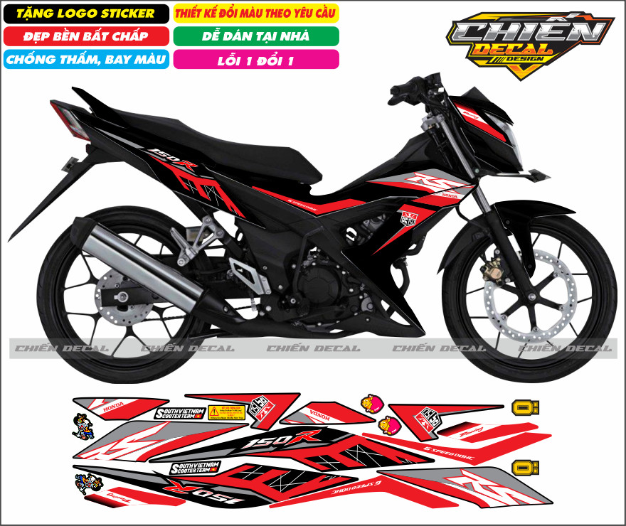 Tem rời xe sonic 150 màu đen mẫu tem RS nhiều kiểu lựa chọn (tem 3 lớp cao cấp)