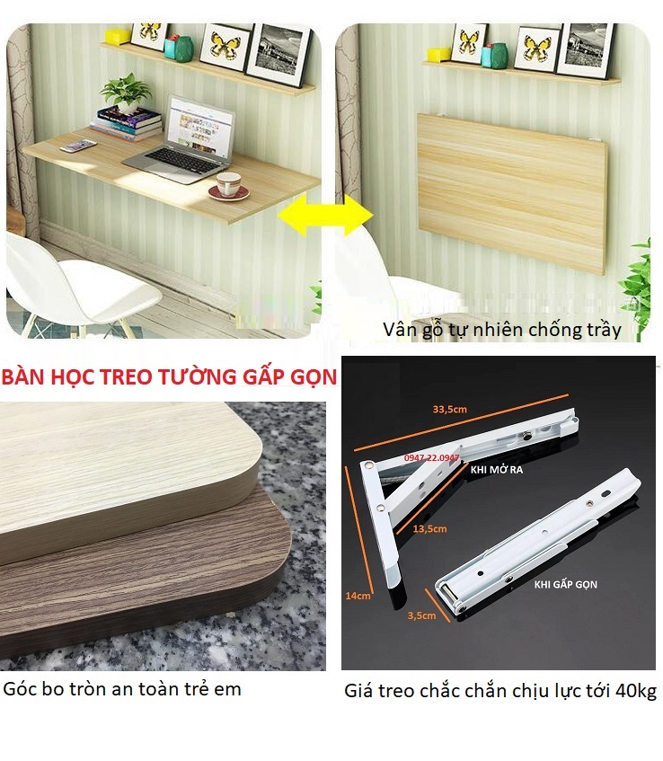 Bàn gập treo tường thông minh Vân Gỗ chống trầy chịu lực tốt đến 30kg + Kèm 2 bản lề khung thép sơn tĩnh điện