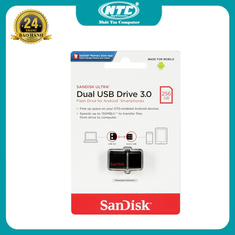 USB OTG 256GB Sandisk SDDD2 ultra dual USB drive 3.0 tốc độ 150MB/s (Đen) Nhất Tín Computer