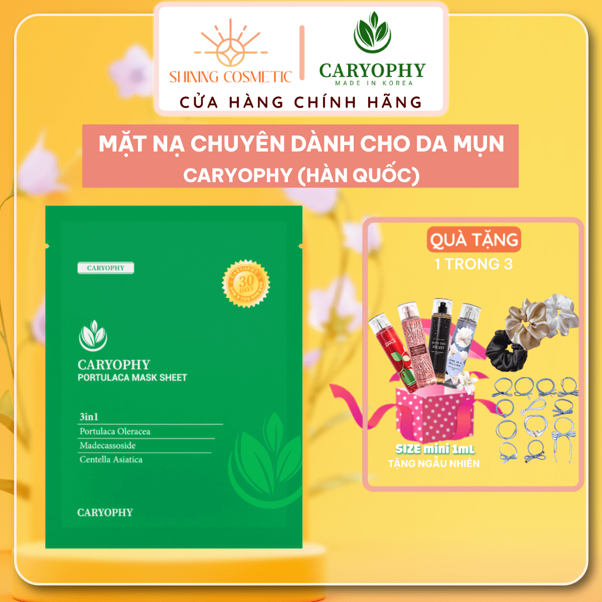 Mặt nạ giảm mụn mờ thâm Caryophy Portulaca Mask Sheet 3IN1 22g - Shining Cosmetic