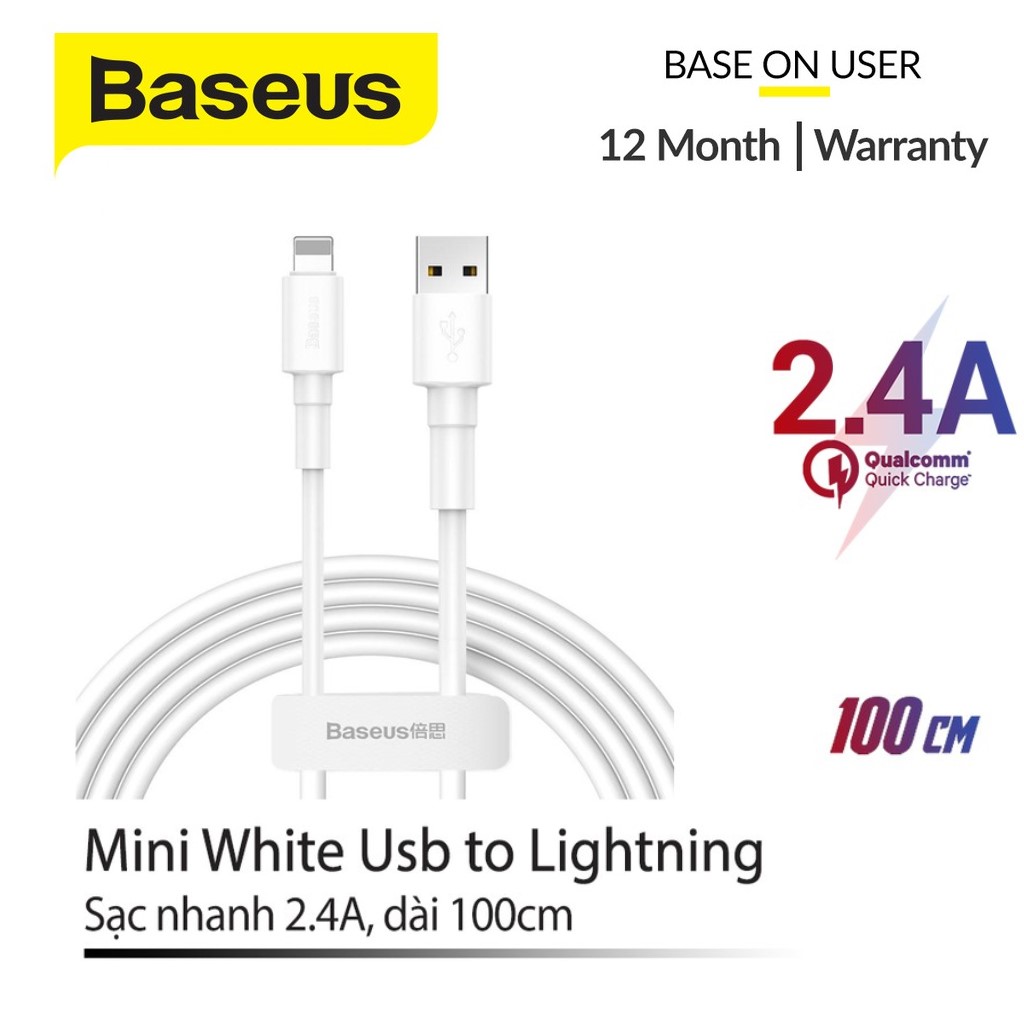 [FREESHIP]Cáp dây sạc nhanh và truyền dữ liệu Baseus Mini White Cable USB For Lightning (2.4A)/Micro USB (2.4A)/Type C (3A) chiều dài 1m truyền dữ liệu tốc độ cao 480Mbps 2.4A dây siêu bền abshop365 hshop365hn hshop365 abshop hshop